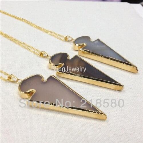 H-QN69 New Trendy Gray Brown Agat Arrowhead Pendant Necklace Gold Color Arrow Pendant Necklace 16 inch to 30 inch