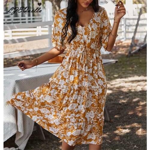 LZEQuella 2021 New Summer Floral Print Boho Dress Women Casual Short Sleeve Ruffles Long Chiffon Dresses Beach Sundress Vestidos