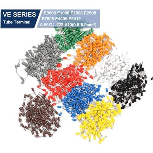 100pcs VE Insulated Crimping Terminal Block Cord End Wire Connector Electrical Cable Crimp Terminals E0508 E1008 E1508 E2508 AWG