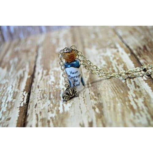 12pcs/lot Cinderella Have Courage Be Kind Bottle Necklace with a 3-D Pumpkin Carriage Charm Jewelry