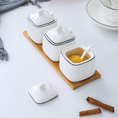 3PCS Canister Set Kitchen Ceramic Spice Jar With Tray White Seasoning Organizer Salt Container Spices Jars Condiment Storage Box