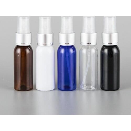 30ML X 50 Clear White Brown Blue Empty Fine Sprayer Pump Bottles 30CC PET Cosmetics Container Silver Aluminum Mists Spray Pump