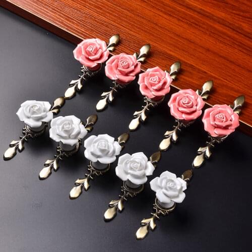 10pcs Rose Flower Pink/White Ceramic Alloy Base Door Handles Kitchen Cupboard Closet Drawer Furniture Pull Knobs Larger / Small