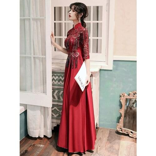 Chinese Style Elegant Vintage Burgundy Toast Clothing Long Tassel Exquisite Sequins Bling Party Gowns