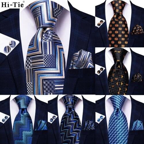 Hi-Tie Light Blue Novelty Paisley Striped Silk Wedding Nicktie For Men Hanky Cufflink Gift Tie Set Business Party Dropshipping
