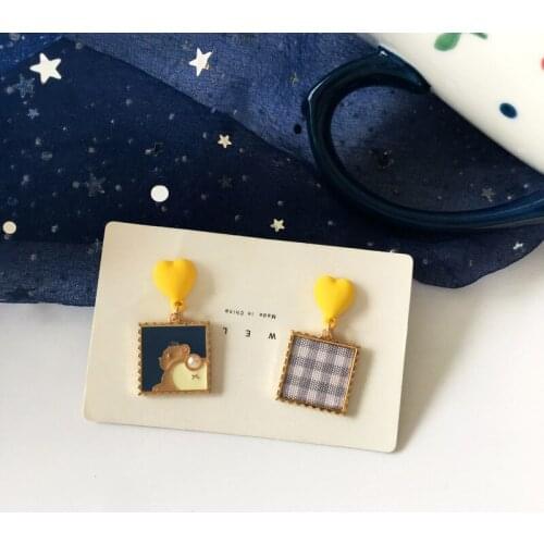 Square Asymmetric Little Animal Clip on Earrings Women Cartoon Funny Check Aesthetic Earrings