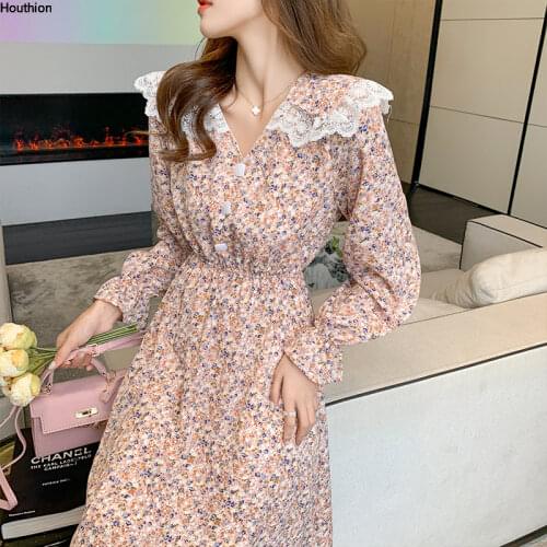 Summer New Womens Dresses Doll Collar Dress Long Sleeve Printing Lady Chiffon Girl Casual Fashion Loose