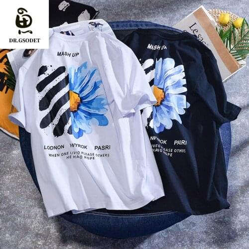 GSODET Summer T-Shirt Cotton Tide Brand Couple Short-Sleeved Loose Print O-Neck Hong Kong Style Large Size Top