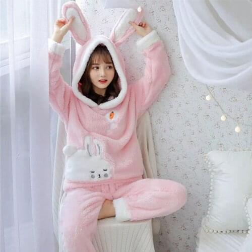 Girls Cute Flannel Sleepwear Set Autumn Winter Womens Pajamas Thick Warm Homewear Hooded Night clothes Pyjamas Women Sleep Suit