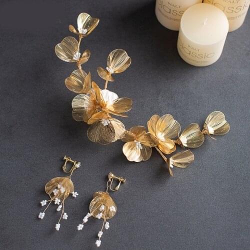 Fashion Gold color Hairbands Bride Leaf Headbands Charm Tiaras Leaves Wedding Hair Accessories Women Hair Jewelry With Earrings