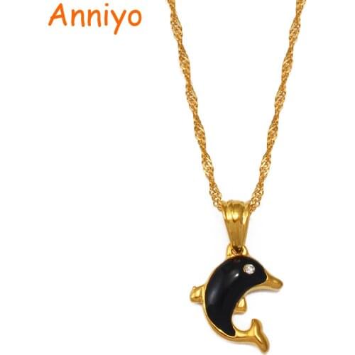 Anniyo Black Dolphins Pendant Necklaces for Women Girls Gold Color Dolphin Charm Jewelry #068502