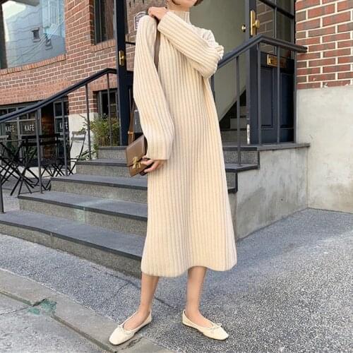 Turtleneck Sweater Dress Autumn Winter Women Casual Warm Thicken Knitted Dresses Female Long Sleeve Long Bottom Dress Vestidos
