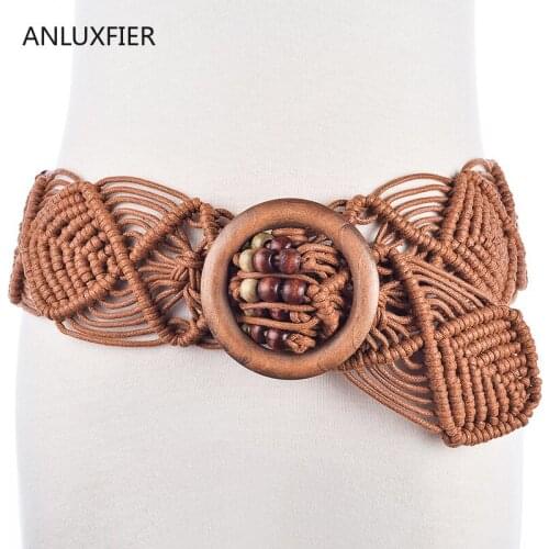 H9841 Women Waist Belt Handmade Wax Rope Woven Wooden Buckle Wood Bead Girl Waist Seal National Style Vintage Female Cummerbunds