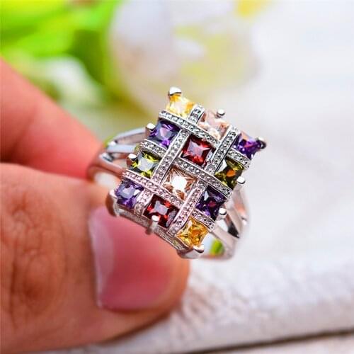 Luxury Female Big Rainbow Stone Ring Vintage Cute Wedding Party Rings Jewelry Promise Engagement Rings For Women