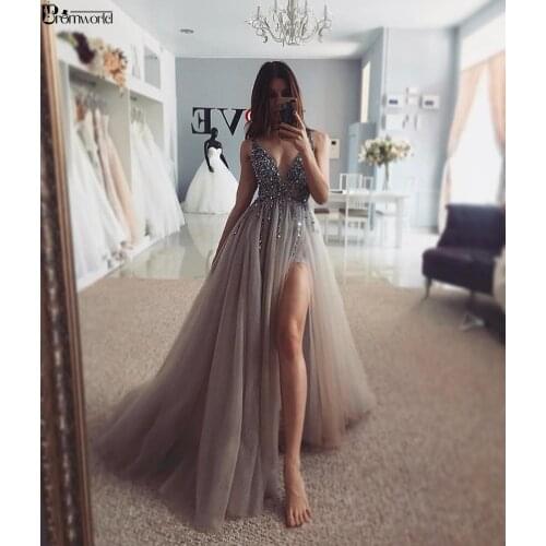 Sexy Dress Prom Long V-Neck High Slit Tulle Beaded Handmade vestidos de gala Crystal Formal Party Gown Gray Prom Dresses 2020
