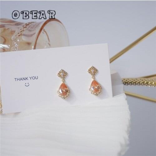 OBEAR 14k Real Gold Plated Korean Creative Geometric Water Drop Zircon Stud Earrings Women Classic Charm Wedding Jewelry