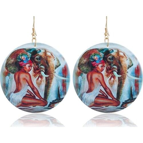 Fooderwerk Jewelry Fashion ZA Earrings Female African Elephant Retro Wood Print Round Wooden Geometric Drop Earrings