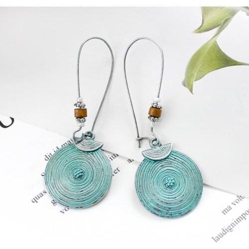Vintage Blue Bohemian Exaggerated Bronze Disc Carved Screw Thread Ethnic Garment Accessories Baroque Pendant Earrings