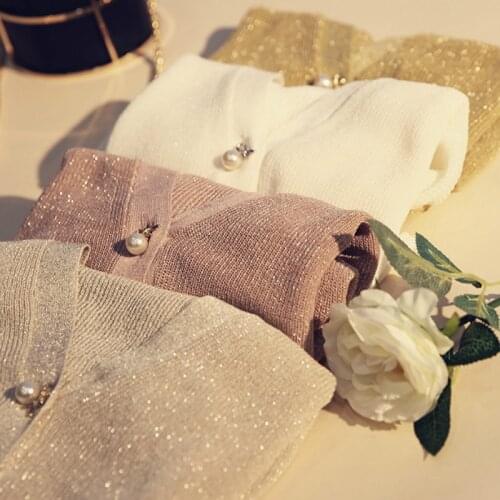 OL V-neck Sweater Knitted Cardigan Bright Silk Pearls Button Hollow Jacket Loose Single-breasted Coat Long Sleeve Stitching Tops