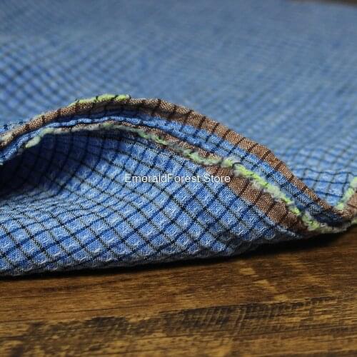 High quality blue plaid dyed high-end pure linen fabric, pants skirt robes high-end clothing cloth