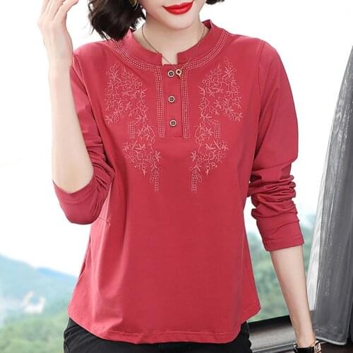 Tee Shirt Femme Long Sleeve Embroidery T-Shirt Women 2021 Autumn Tops Button Cotton Casual Plus Size Woman Clothes Tshirt Female