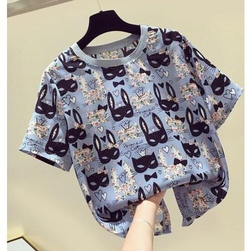 Chiffon T-shirt Female Summer 2021 New Korean Style Loose Western Style Short-sleeved Student Blue Print Top