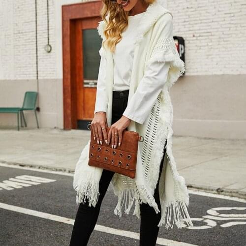 Womens Spring Jacket Tassel Hollow Out Hoodied Capes Ponchos Autumn Formal Office Lady Poncho Short Sleeve Tricot Cardigan Red