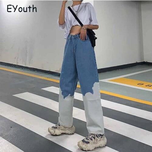 Fashion Women Jeans High Waist trousers 2020 New Autumn Spliced Straight Pants High Street Casual Fashion Blue and White Jeans