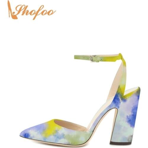Mixcolor Prints Woman Pumps Pointed Toe High Chunky Heels Large Size 15 16 Ladies Summer New Fashion Concise Sweet Shoes Shofoo