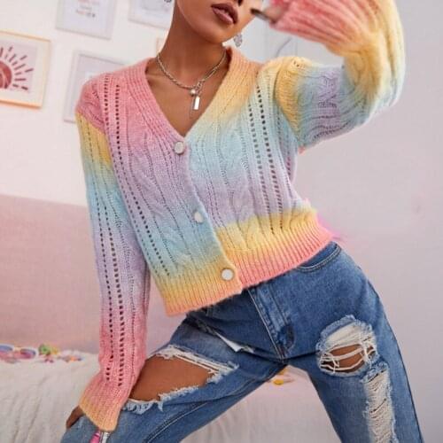 Tie-Dye Gradient Sweet Short Womens Sweater Autumn New Hollow Out Long Sleeve Cardigan For Women 2021 Slim V-neck Lady Sweaters