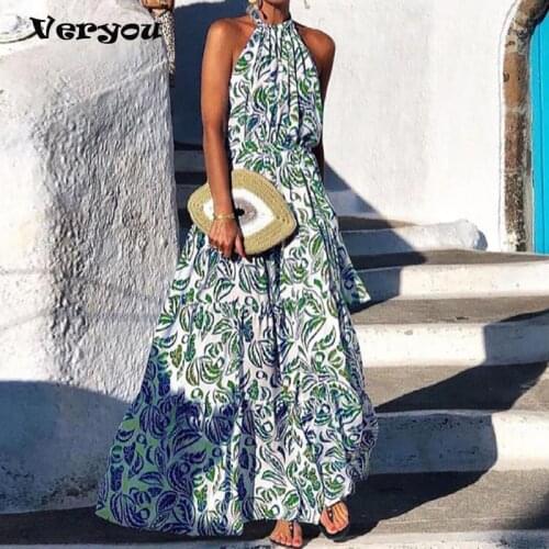 Spring Halter Folds Elegant Boho Long Dress 2021 Summer Sleeveless Tank Maxi Dress Women Floral Print Elastic Waist Party Dress