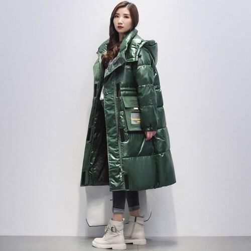Winter Glossy Down Coats Female Thicken Warm Parka Jacket Womens Long Loose White Duck Down Coats Women Hooded Black Jacket Coat