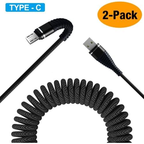 2pcs USB Type C Cable for Car, Retractable USB C Cable Curly USB A to USB-C Fast Charger Devices for Samsung Galaxy S10