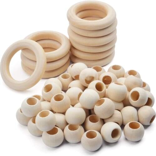 20Pcs Eco-Friendly Natural Wood Rings Wood Hoop with 50Pcs Unfinished Wood Beads Loose Spacer for DIY Macrame Wall Hanging Craft