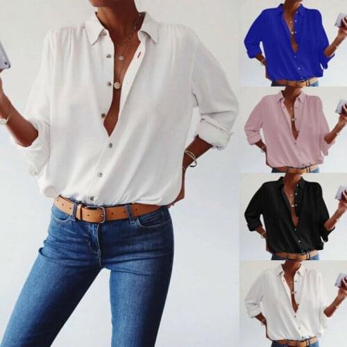 2019 Hirigin Sexy Women Solid Basic Shirts V-Neck Button Long Sleeve Loose shirt Blouse Tops S-XL