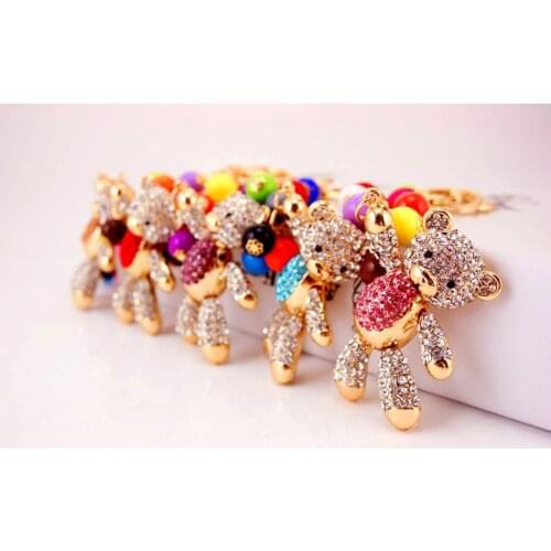 2021 Cute Rhinestone Bear With Colorful Ball Keychain Korean Crystal Keyring Jewelry For Women Bag Accessories Wholesale