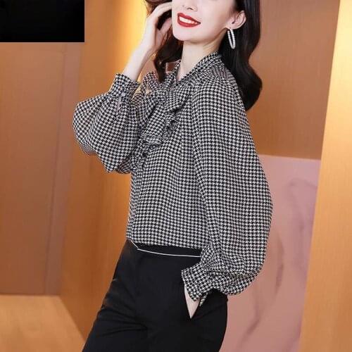 2021 New Spring Autumn Women Korean Style Plaid Lantern Sleeve Blouses Female Elegant Bow Tie Up Collar Button Tops Shirts M209