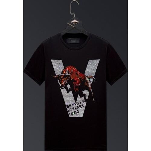 2021 Animal Rhinestones T Shirt Men Clothing Fashion Streetwear Mercerized Cotton Short Sleeve O Neck Slim Tshirts Plus Size 6XL