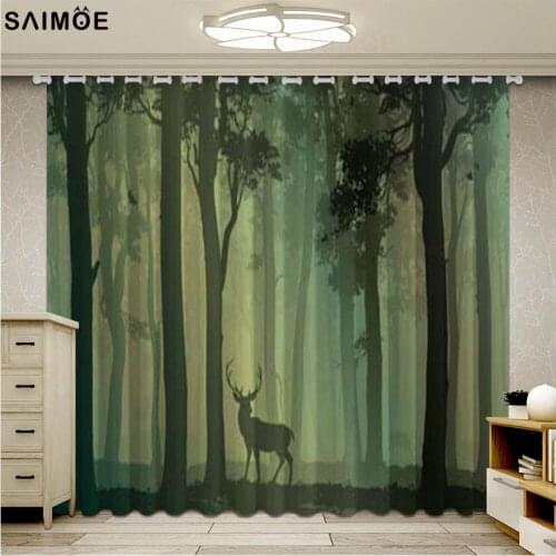 3D Deer Forest Green Windows Curtains Beautiful Scenery Living Room Bedroom Curtains Drapes Ultra-thin Micro Shading Drapes
