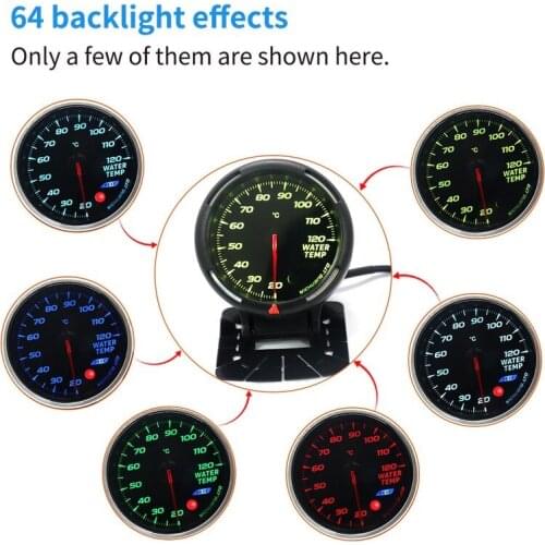 64-color Backlight Adjustable Water Temp Gauges 12V Car Modification with Sensor Water Temp Meter 20-120 Water Temperature Meter