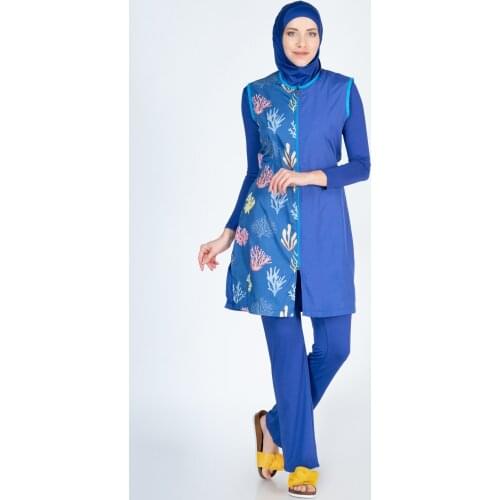 Alfasa 286 Long Sleeve Pants Vest Patterned Full Off Hijab Swimwear Sax Blue