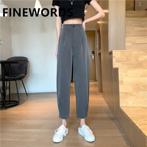 FINEWORDS Spring Autumn Korean Casual Harem Pants Women Vintage Gray High Waist Office Pants Plus Size Loose Harajuku Trousers