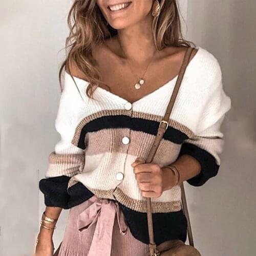 Fitshinling V Neck Striped Button-down Cardigan Woman Clothes Bohemian Autumn Winter Coat Long Sleeve Boho Vintage Cardigans New