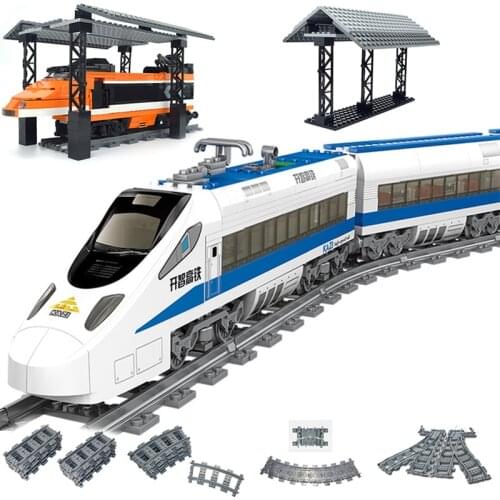 Tracks Station City Trains Power Function Building Block Train Stations Bus Stop Model Rail Railway Bricks Trein Technical Toy