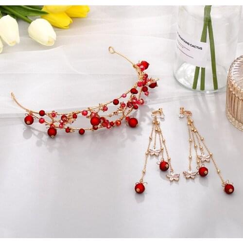 Red Bridal Headband Handmade Toast Dress Headband Earrings Set Headwear BN
