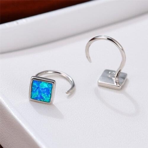 Trendy Female Blue Opal Stone Earrings Dainty Square Small Hoop Earrings For Women Cute Bridal Silver Color Wedding Earrings