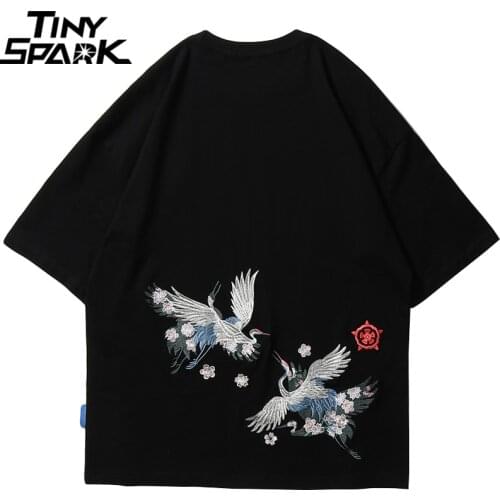 Hip Hop T Shirt Men 2020 Harajuku Embroidery Crane T-Shirt Streetwear Japanese Style Clothing Cotton Tshirt Black Tops Tees New