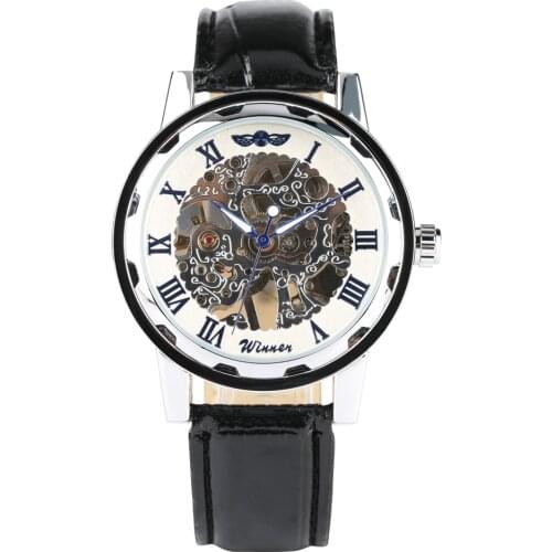 Mens Mechanical Watches Hand-Wind Wristwatch Stainless Steel Case Leather Strap Roman Numeral Scale Business Wristwatch