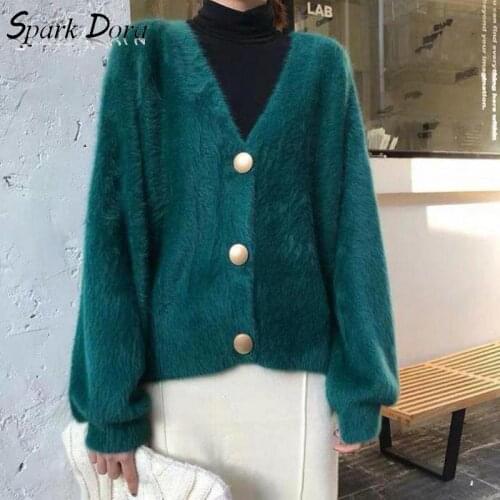 Oversized Cardigan Hair Off Imitation Mink Loose Outwear Korean V-neck Lantern Sleeve Comfort Single Breasted Knitted Sweater