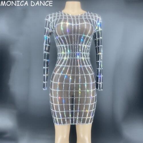 Women Sexy Stage Silver Rhinestones Transparent Mesh Dress Birthday Celebrate Outfit Bar Singer Long Sleeves Dance Short Dress